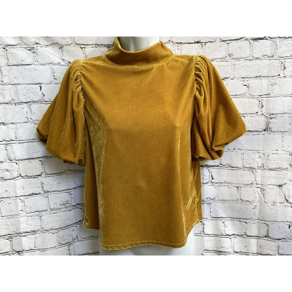 Free People Mustard Yellow Velvet Mock Neck Puff Sleeve Top Small